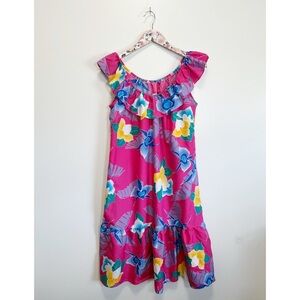 HILO HATTIE Pink Floral Tropical Hawaiian Dress Ruffle Trim S Small MIDI